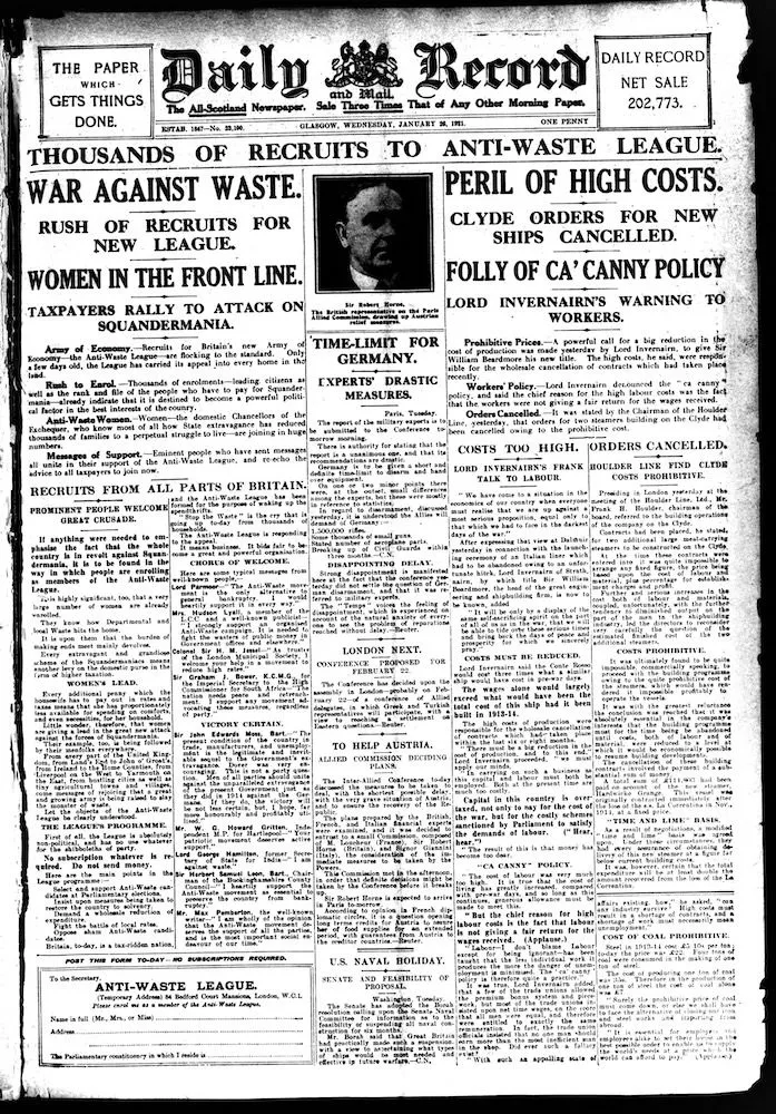 Front page of the Daily Record from 26 January 1921
